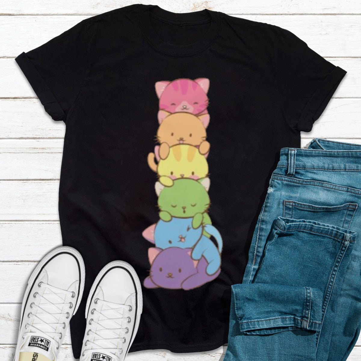Camiseta con la bandera del orgullo gay LGBT y gatos arcoíris kawaii