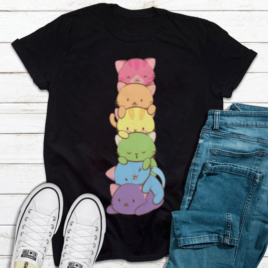 Camiseta con la bandera del orgullo gay LGBT y gatos arcoíris kawaii