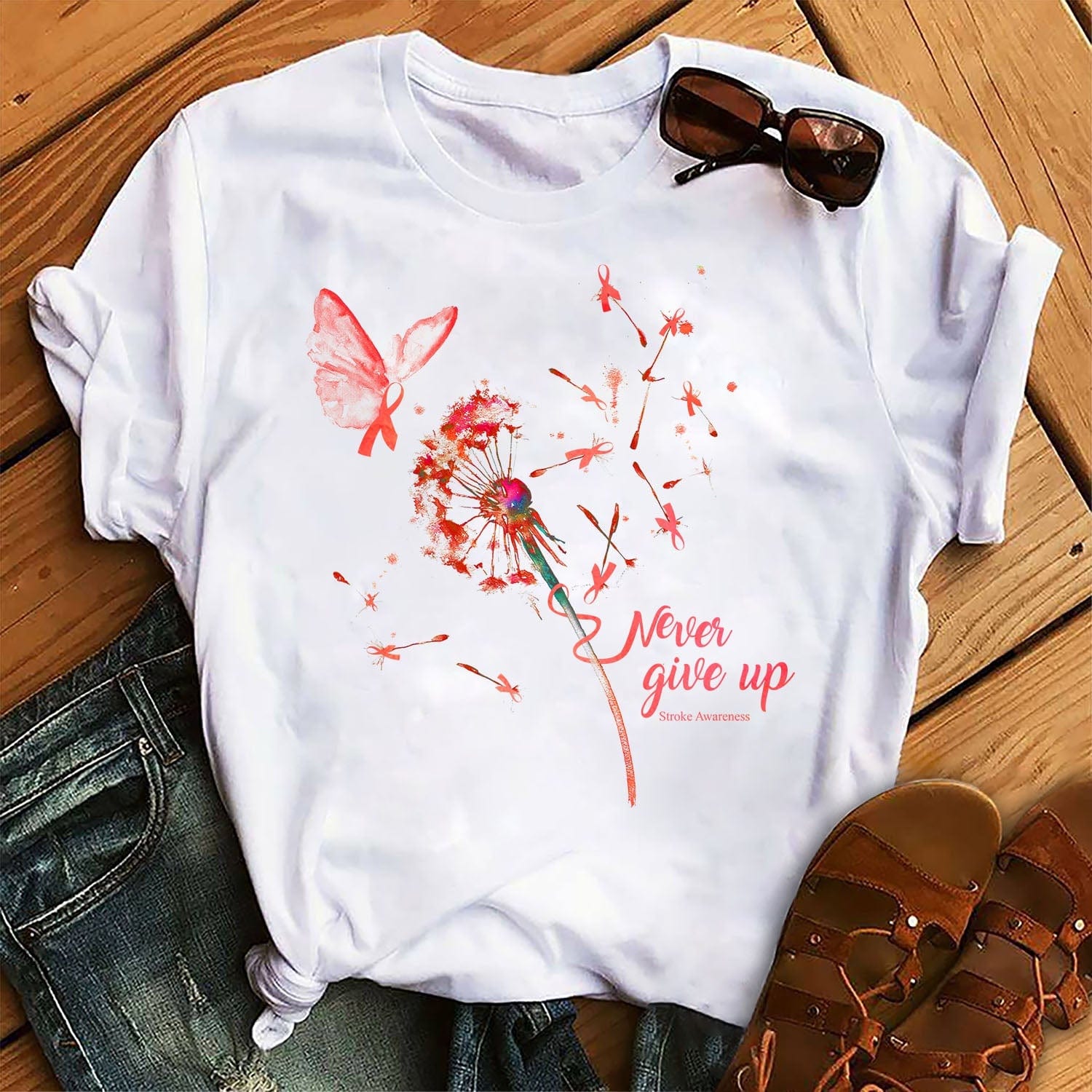 Dandelion Never Give Up Funny Stroke Awareness Dragonfly Butterfly Shirt