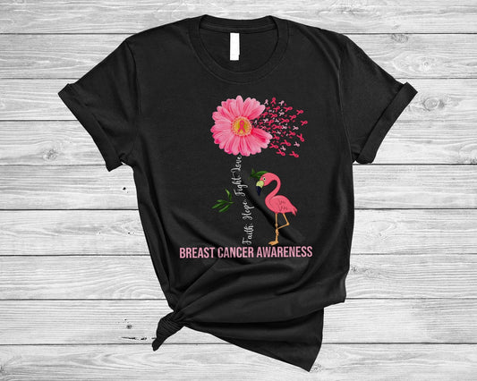 Camiseta con lazo rosa, flamenco, margaritas, flores, fe, esperanza, lucha y amor para concientizar sobre el cáncer de mama