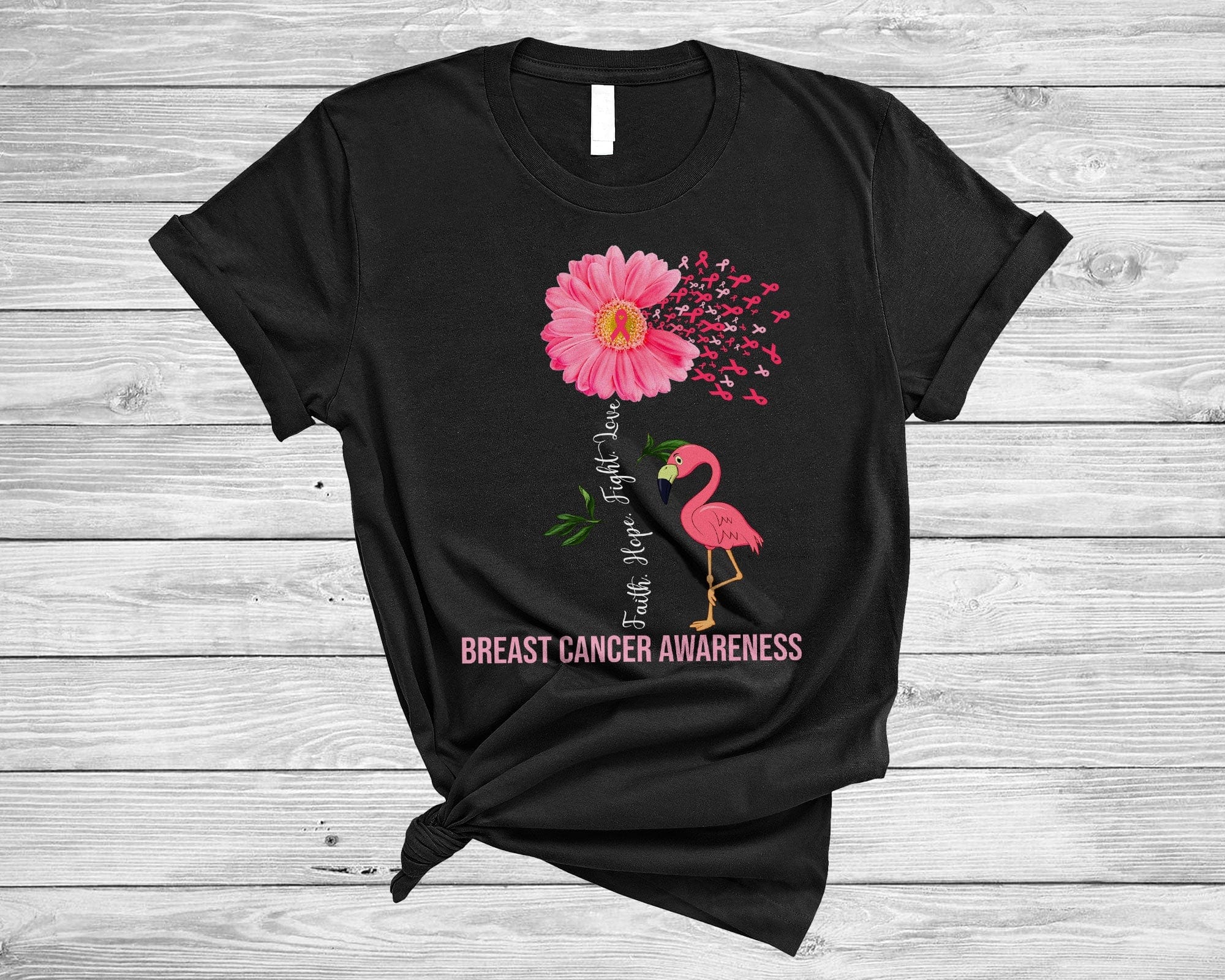 Breast Cancer Awareness Faith Hope Fight Love Cute Pink Ribbon Flamingo Daisy Flower Shirt
