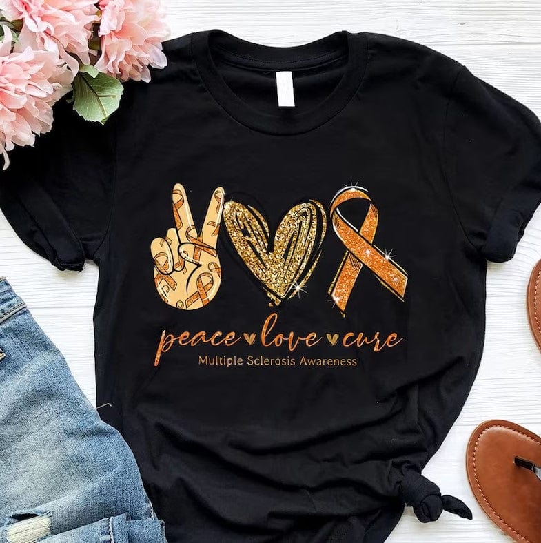 Camiseta de concienciación sobre la esclerosis múltiple con el lema "Paz, amor y curación"