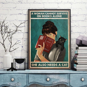 Una mujer no puede sobrevivir solo de libros, también necesita un gato. Póster de gato negro y libro, lienzo