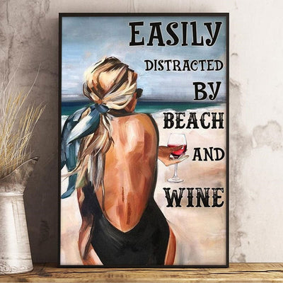 Easily Distracted By Beach & Wine Poster, Canvas