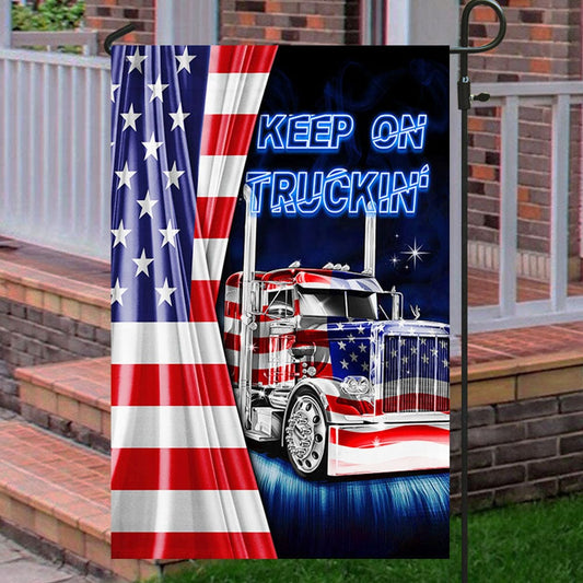 Bandera americana, bandera para casa y jardín de Keep On Trucking Trucker