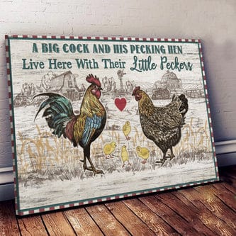 Póster de una pareja de pollos, lienzo, con un gallo grande y su gallina picoteando