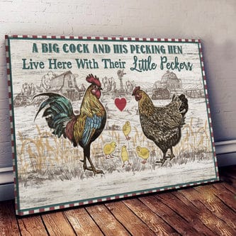 A Big Cock And His Pecking Hen Chicken Couple Chicken Poster, Canvas