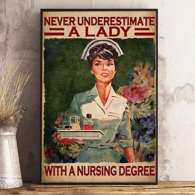 Never Underestimate A Lady With Nursing Degree Nurse Poster, Canvas