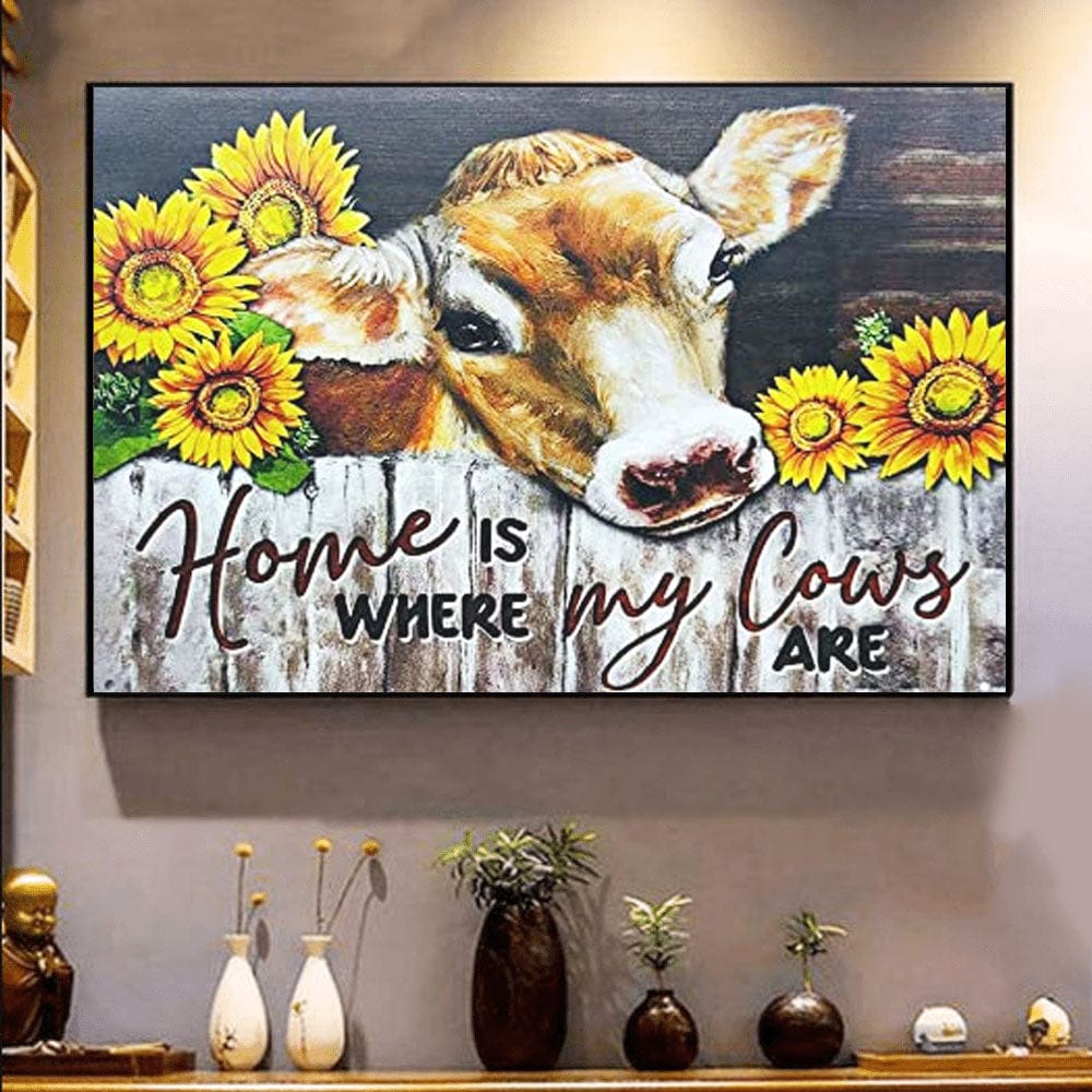 Póster, lienzo, "El hogar es donde están mis vacas", "Vaca, girasol"