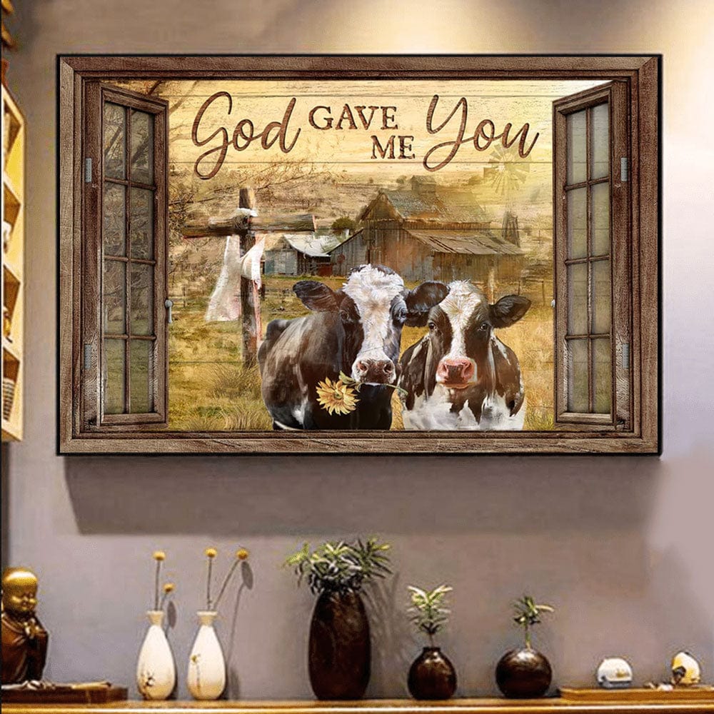 God Gave Me You Rugged Cross Dairy Cows Couple Farm Window Poster, Canvas