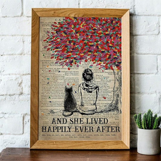 Póster, lienzo, niña y gato y ella vivieron felices para siempre