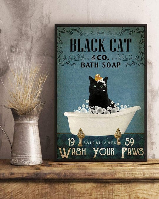Póster de gato, lienzo, jabón de baño Black Cat And Co, lávate las patas