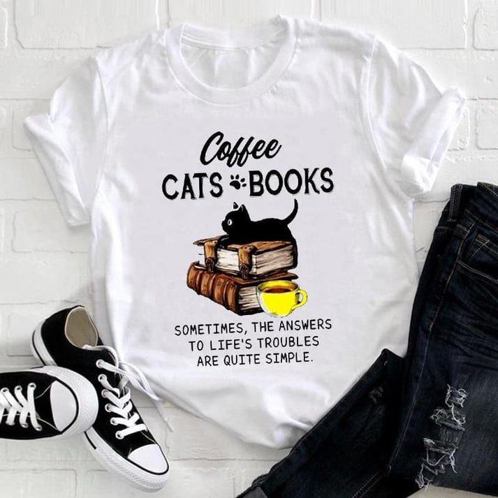 Camiseta de café, gatos y libros