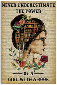 Never Underestimate The Power Of A Girl With Book Poster, Canvas