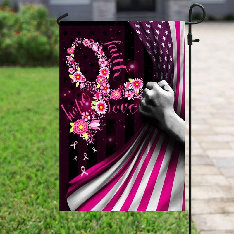 Bandera de fe, esperanza, amor, lazo con flores rosas, bandera de concienciación sobre el cáncer de mama, bandera para casa y jardín