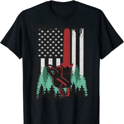 Red Wood Cutting Machine Lumberjack American Flag Lumberjack T-Shirt