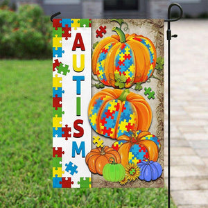 Bandera de Halloween con forma de calabaza y pieza de rompecabezas, bandera para concienciar sobre el autismo, bandera para casa y jardín