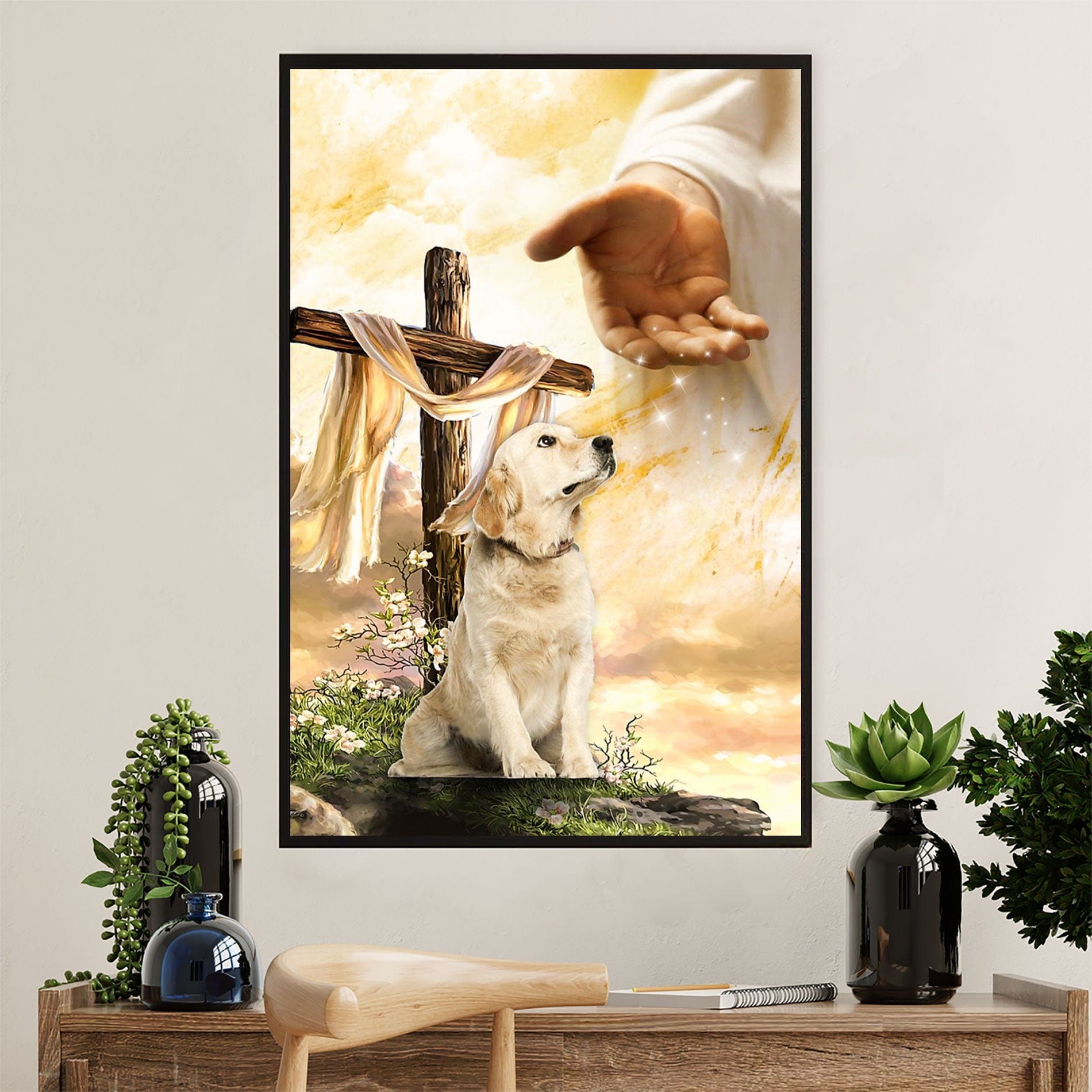 Jesus Christ Gives Hand Golden Retriever Poster, Canvas