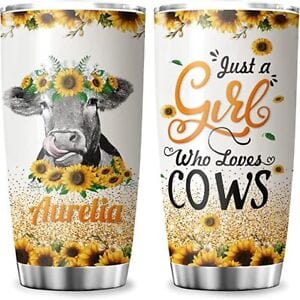 Vaca personalizada Solo una chica que ama las vacas Vaca con vaso de girasol