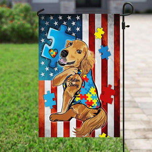 Bandera de perro Golden Retriever con autismo, pieza de rompecabezas, bandera estadounidense de concienciación sobre el autismo, bandera para casa y jardín