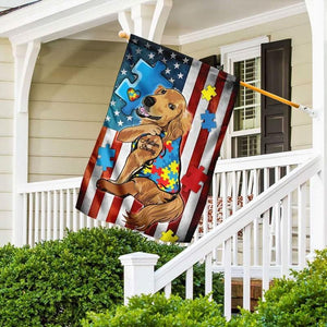 Bandera de perro Golden Retriever con autismo, pieza de rompecabezas, bandera estadounidense de concienciación sobre el autismo, bandera para casa y jardín