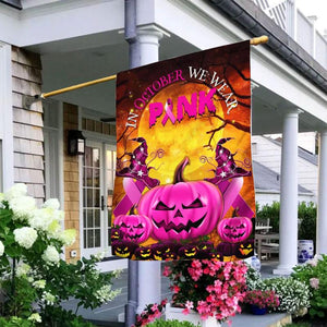 In October We Wear Pink, Halloween Pumpkin Ribbon, Breast Cancer Awareness Flags, House & Garden Flag