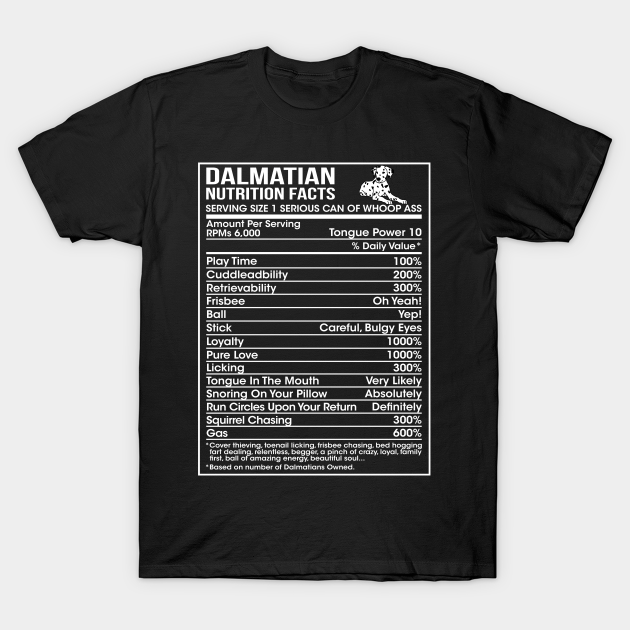 Camiseta para perro con información nutricional sobre dálmatas