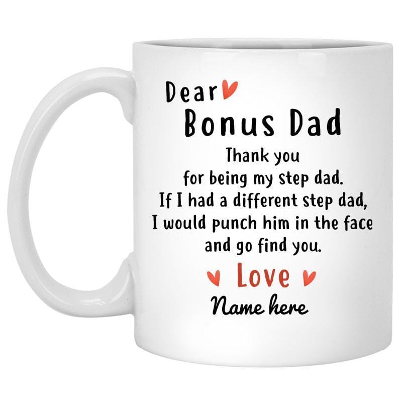 Taza personalizada para el día del padre con texto "Querido papá extra, padrastro"