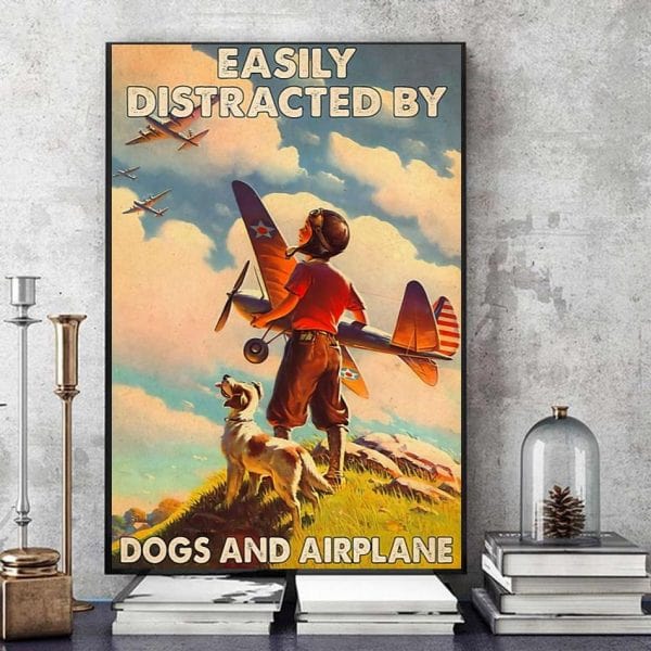 Póster de niño piloto que se distrae fácilmente con perros y aviones