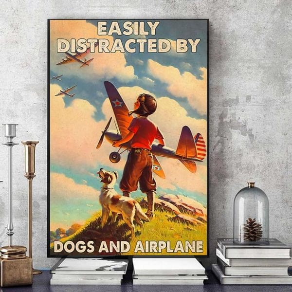 Kid Pilot Easily Distracted By Dogs And Airplane Poster, Canvas