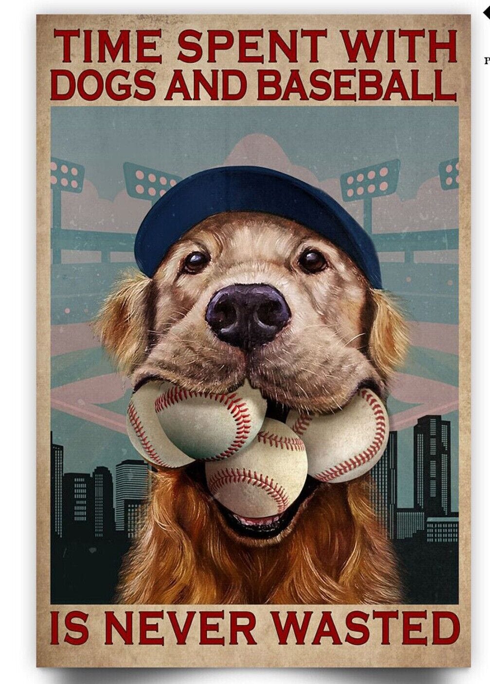 Póster, lienzo, "El tiempo que pasamos con los perros y el béisbol nunca es una pérdida de tiempo" del Golden Retriever