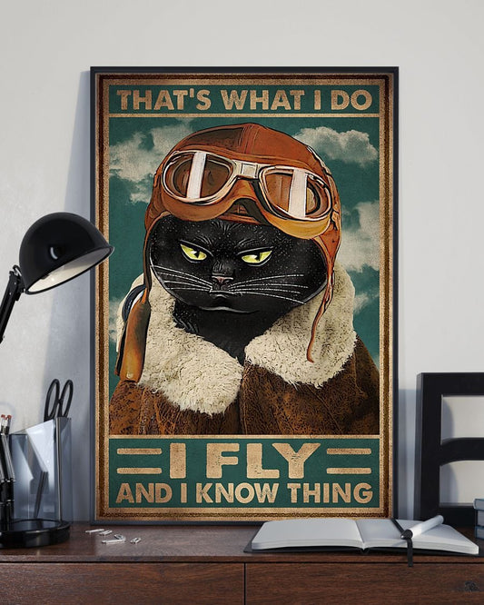 Eso es lo que hago, vuelo y sé cosas. Póster divertido de gato negro piloto, lienzo