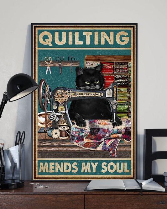 Póster de costura Black Cat Quilting Mends My Soul, lienzo