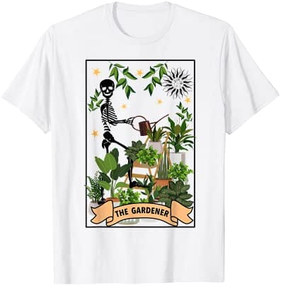 Camiseta de jardinería con esqueleto místico y divertida carta del tarot del jardinero