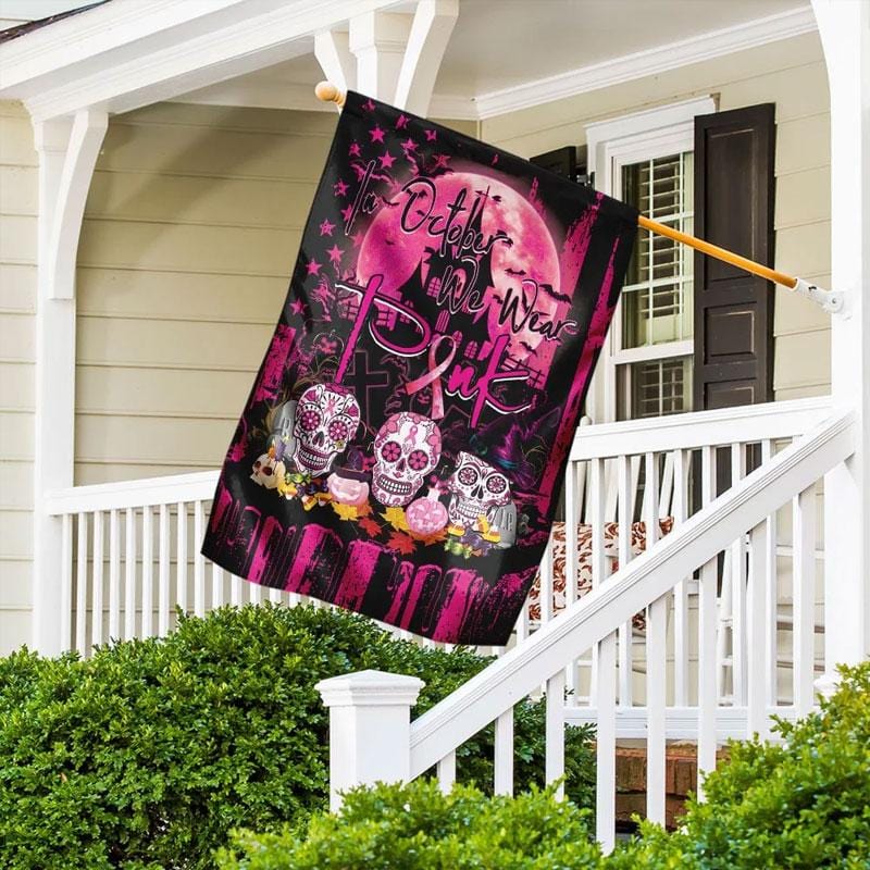 In October We Wear Pink, Halloween Skull, Breast Cancer Awareness Flag, House & Garden Flag