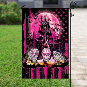 In October We Wear Pink, Halloween Skull, Breast Cancer Awareness Flag, House & Garden Flag