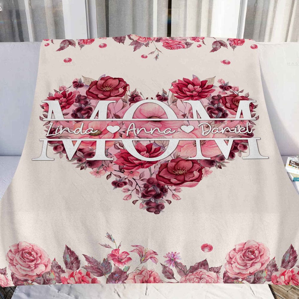 Personalized Mom Floral Heart Fleece & Sherpa Blanket