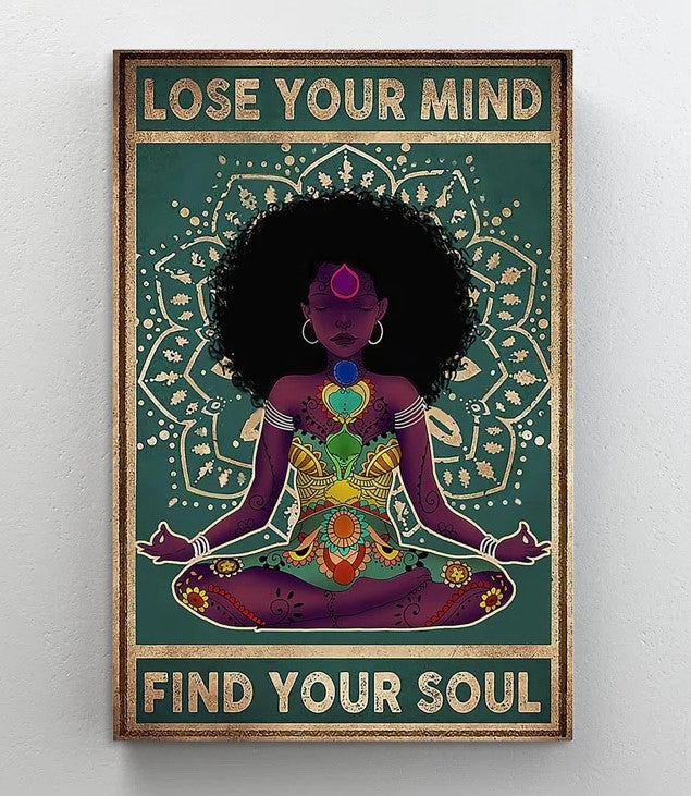 Póster de yoga para chicas negras, "Pierde la cabeza y encuentra tu alma" (en lienzo)