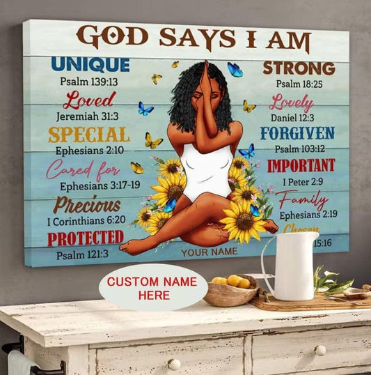 Póster personalizado de yoga con la frase "Dios dice que soy una chica afroamericana negra" en lienzo