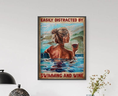 Easily Distracted By Swimming And Wine Poster, Canvas