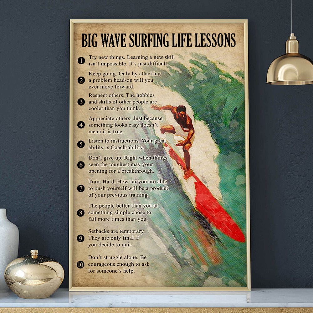 Póster de lecciones de vida sobre surf en olas grandes, lienzo