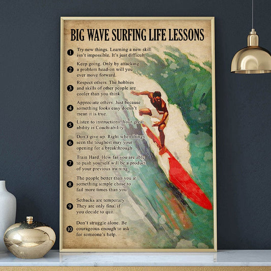 Póster de lecciones de vida sobre surf en olas grandes, lienzo