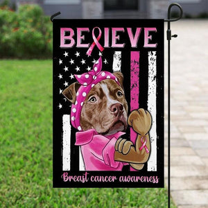 Believe, Pitbull, Breast Cancer Awareness American Flag, House & Garden Flag