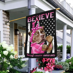 Believe, Pitbull, Breast Cancer Awareness American Flag, House & Garden Flag