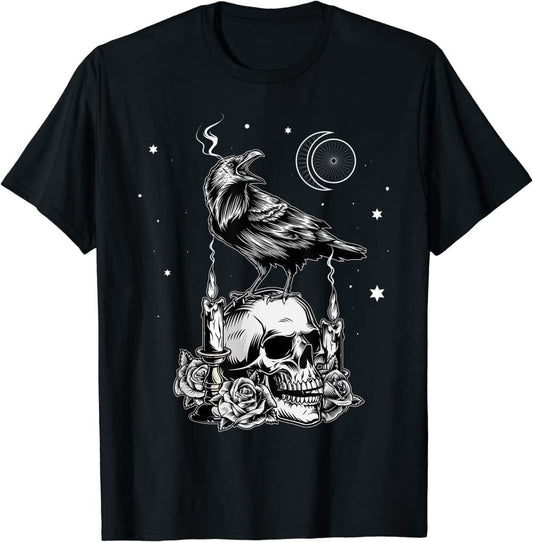 Camisa gótica de ocultismo nórdico vikingo con calavera de cuervo negro