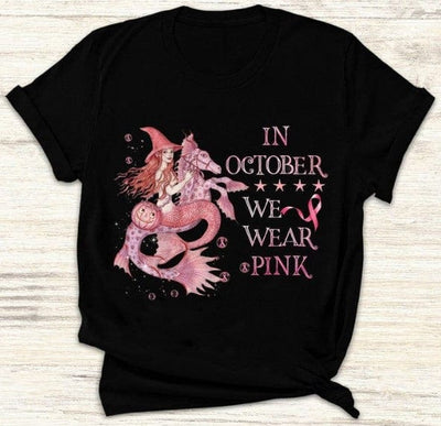 In October We Wear Pink Witch Riding Seahorse Halloween Breast Cancer Awareness
