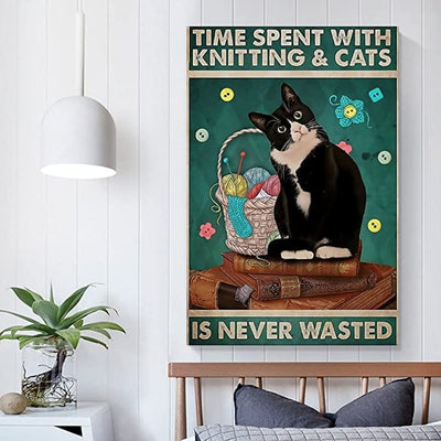 Time Spent With Knitting And Cats Is Never Wasted Black Cat Poster, Canvas