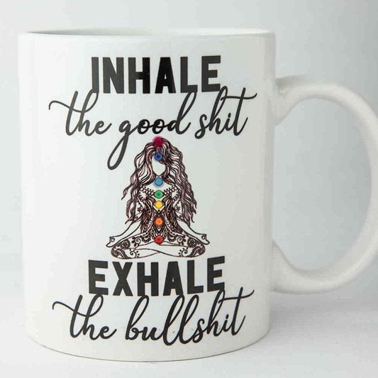 Inhala la buena mierda, exhala la mierda, tazas de yoga