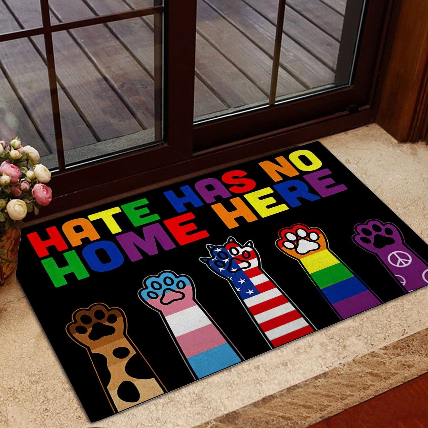 El odio no tiene cabida aquí Felpudo LGBT divertido con forma de gato
