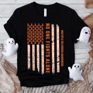 Multiple Sclerosis Warrior Awareness Shirt, No One Fights Alone Ribbon American Flag